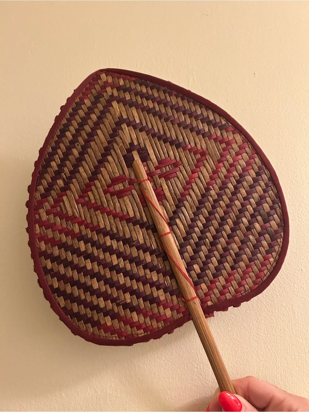 Handwoven Woven Palm Fan in Burgundy and Natural